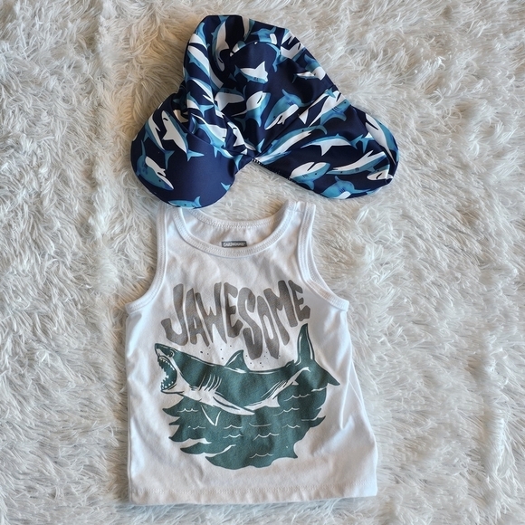 Garanimals Infant Shark Theme Lot‎ Of 2 Tank Top And Sun Hat Neck Protection 12M - Picture 1 of 6